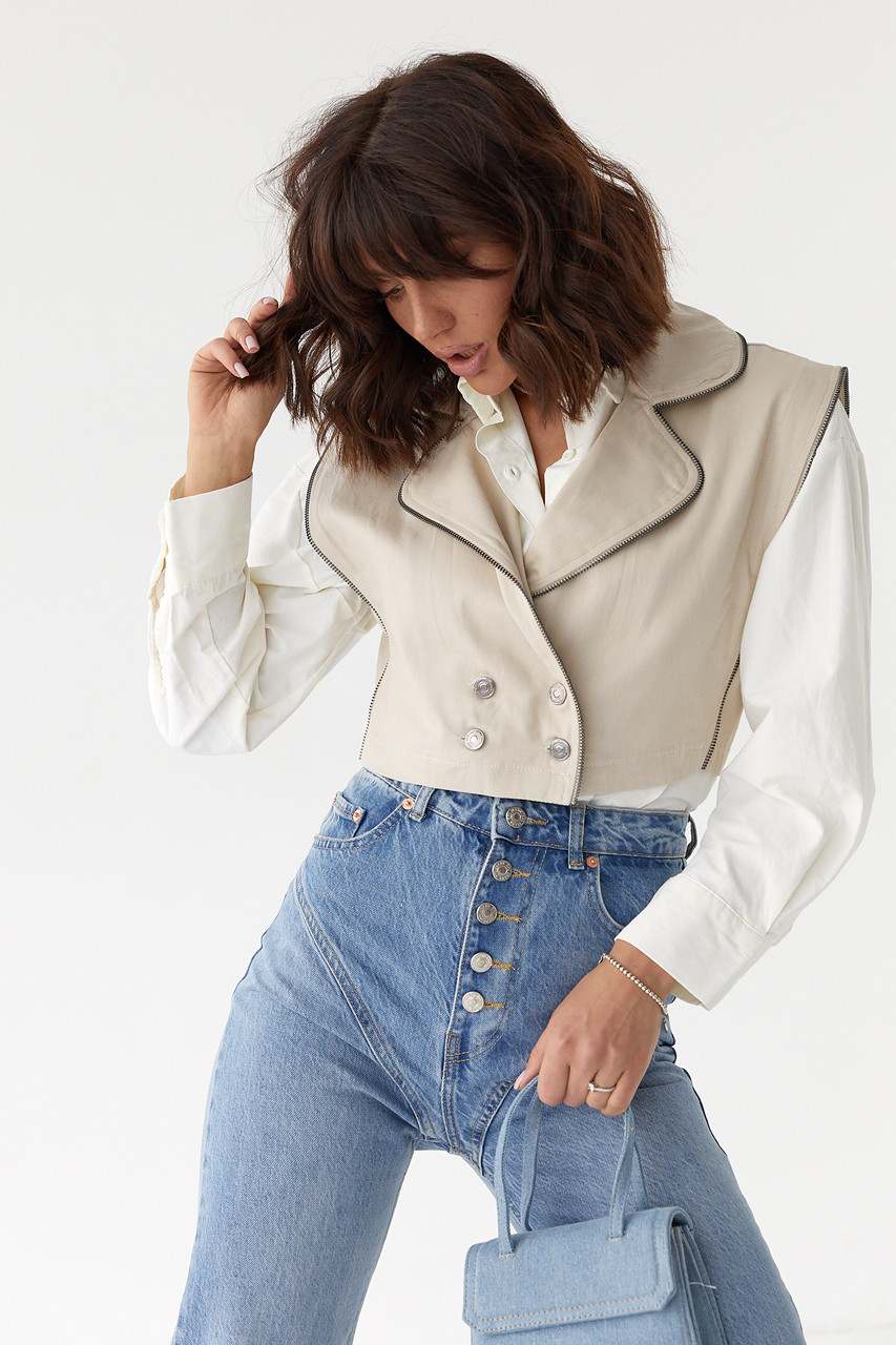 Укорочений жилет на ґудзиках бежевий, фото 1