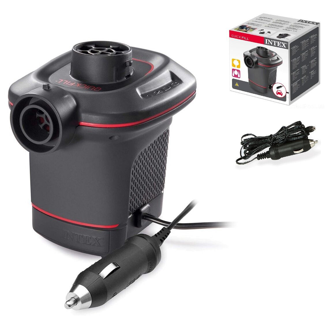 Електричний насос для матраців і ліжок Intex, м'ячів 12 V (великий, 3 насадки) 66636, фото 1