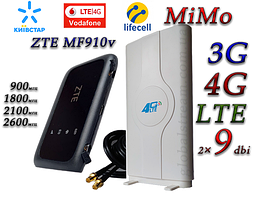 Комплект 4G+LTE+3G WiFi Роутер ZTE MF910v Київстар, Vodafone, Lifecell з антеною MIMO 2×9dbi