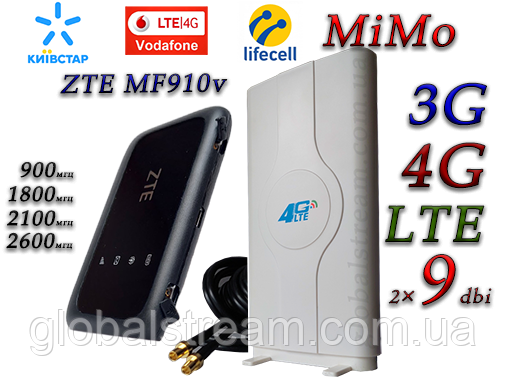Комплект 4G+LTE+3G WiFi Роутер ZTE MF910v Київстар, Vodafone, Lifecell з антеною MIMO 2×9dbi