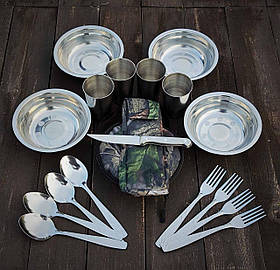 Похідний набір посуду для пікніка туристичний "Дорожний" на 4 персони з харчової неіржавкої сталі + сумка