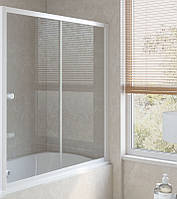 Штора на ванну розсувна 150х140 см прозора склянна огорожа для ванни білий профіль дві секції