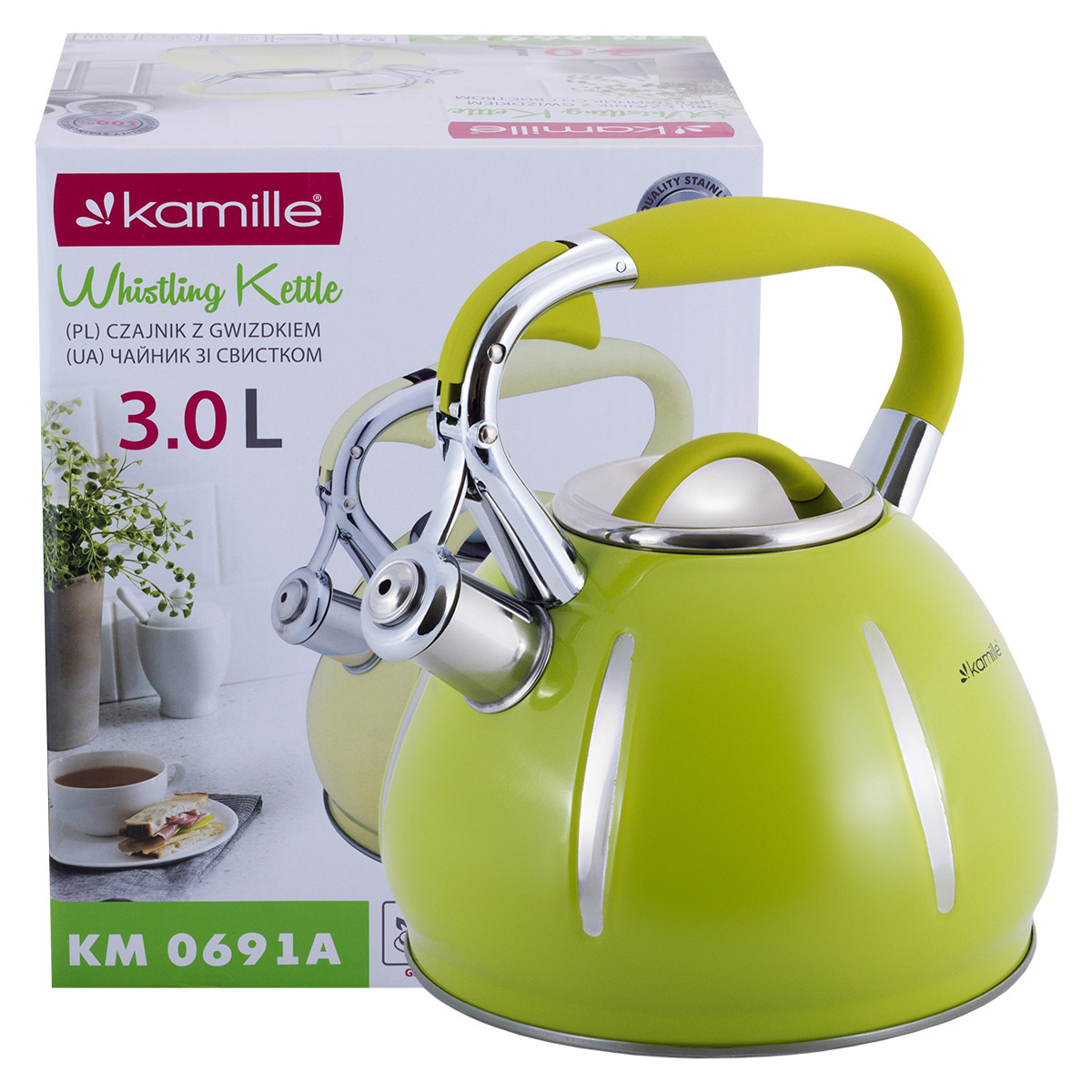 Чайник Kamille Зелений 3л з нержавіючої сталі зі свистком KM-0691A