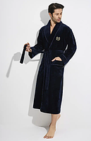 Велюровий халат чоловічий лазневий із довгим рукавом однотонний теплий халат чоловічий домашній на поясі Синій