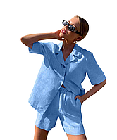 Женский летний костюм рубашка и шорты 42-44,46-48 голубой, ткань лен, очень красивый и стильный