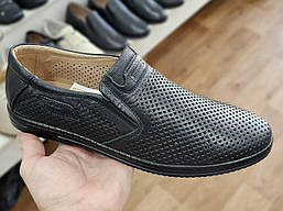 Тільки 42р і 45! Туфлі класичні чоловічі літні чорні шкіряні з перфорацією, без шнурків Туфли мужские кожаные (Код:3262)