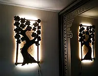 Светильник панно на стену дерево ручной работы с китайскими монетами