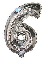 Куля цифра 6 фольгована срібло 35 см.