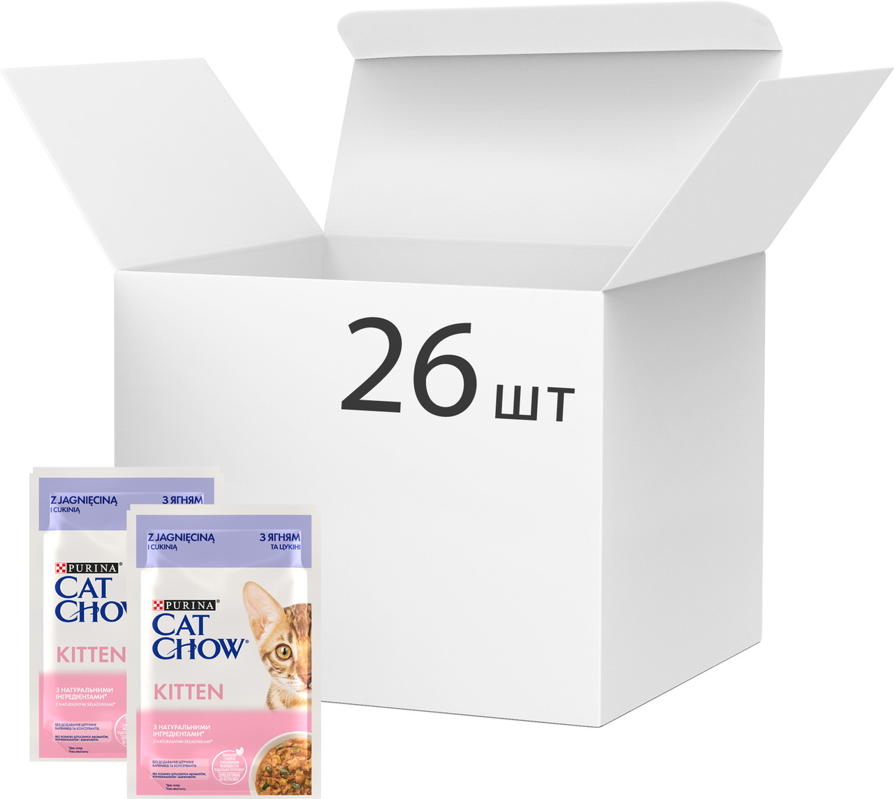 Упаковка вологого корму для кошенят Purina Cat Chow Kitten шматочки в підливці з ягням і цукіні 85 г x 26 шт.