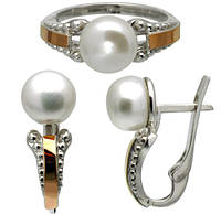 Кольцо и серьги с жемчугом - серебряный набор с золотыми накладками и жемчугом "Тайный мир"
