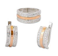 Серебряные серьги и кольцо с россыпью фианитов - серебряный набор с золотыми накладками