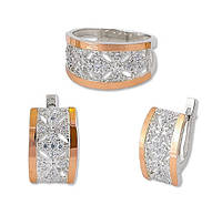 Серебряные серьги и кольцо с россыпью фианитов - женский серебряный набор с золотыми накладками