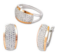 Серебряные серьги и кольцо со сверкающими фианитами и золотыми накладками Патриция