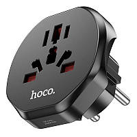 Переходник для розеток ENG/USA/Euro/China на EURO HOCO Unimpeded universal conversion plug (10A, 2500W). Black