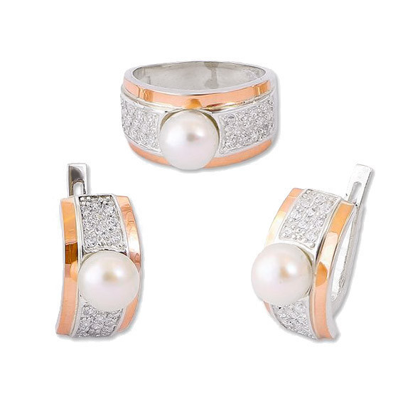 Серьги и Кольцо с жемчугом - серебряный набор с золотыми накладками и ...