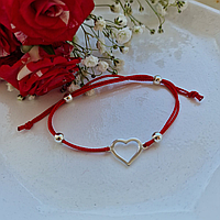Женский браслет на шелковом красном шнуре Сердце с серебряными элементами