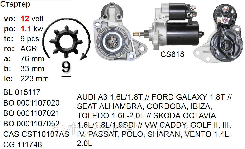 Стартер б/у CHERY Amulet 1.6 AUDI FORD Galaxy SEAT Alhambra Cordoba SKODA Octavia, VW Caddy Corrado Golf Passat