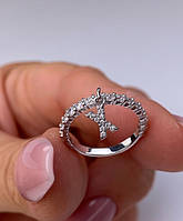 Серебряное женское кольцо с буквой - женское милое серебряное колечко с подвеской буквой и циркониями