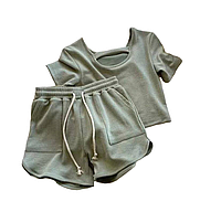 Женский летний костюм топ и шорты 42-44, 46-48 масло, ткань рубчик, стильный, комфортный, легкий