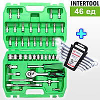 Набор торцевых головок интертул, Набор торцевых головок с трещоткой 46ед (1/4) + набор ключей 6шт, AVI