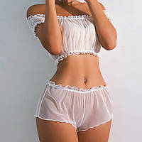 Женское сексуальное нижнее белье полупрозрачное белое комплект: топ и трусики шортики