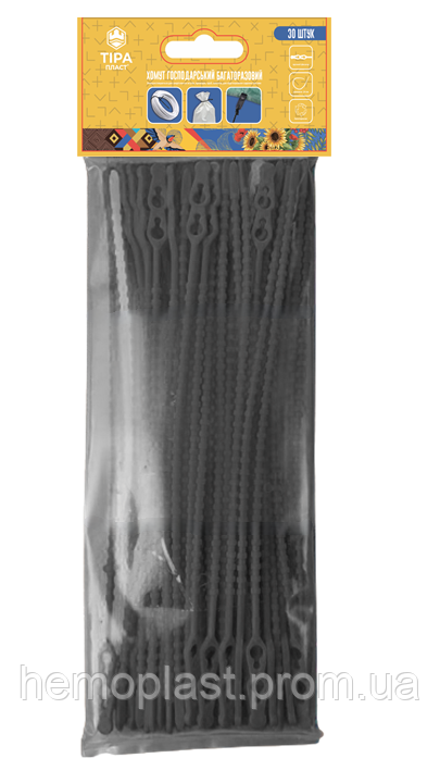 Хомут господарський багаторазовий 240 мм чорний Тірапласт 30 шт, фото 1