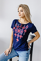 Женская футболка-вышиванка "Зоряна ніч" , короткий рукав, р. S.M,Л,ХЛ,2ХЛ,4ХЛ синяя с красным