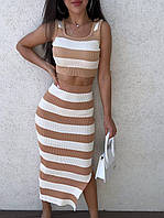 Полосатый костюм миди юбка с разрезом и кроп топом без рукавов (р. 42-46) 9KO3148
