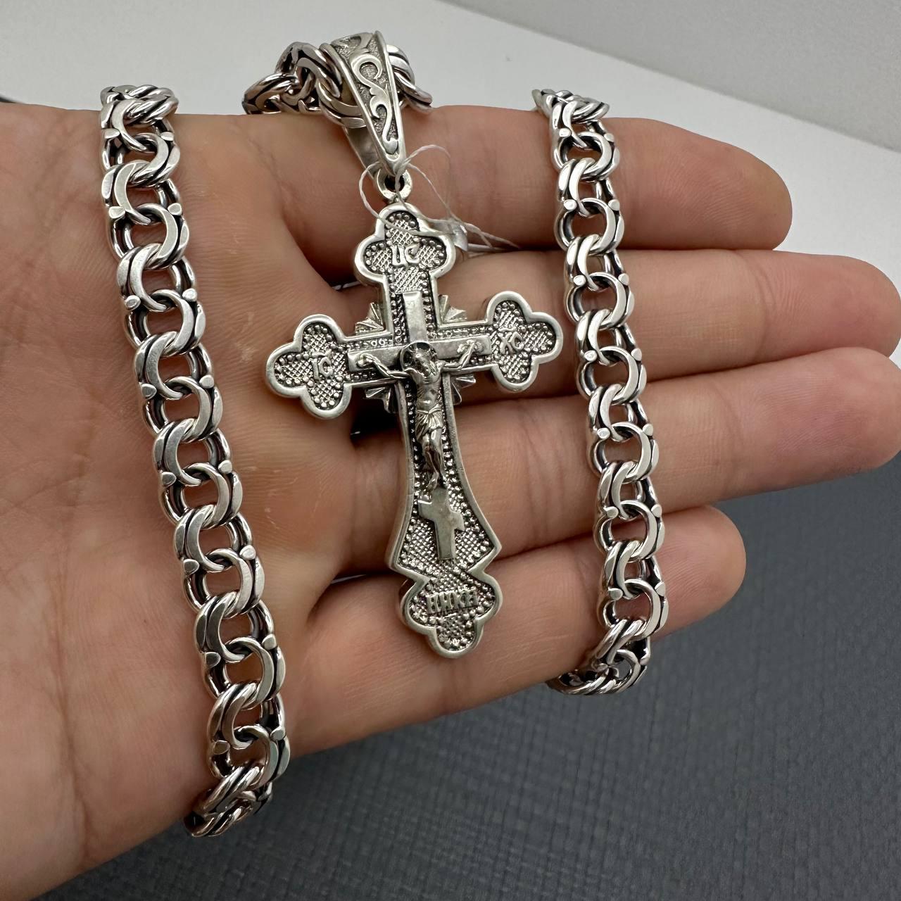 Срібний чоловічий масивний комплект хрест та ланцюжок срібло чорнене 925 проби