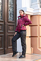 Тёплый женский зимний костюм на овчине лыжный куртка штаны PP бордовый с чёрным 42 44 46 48 50 52 54 56 Бордовый, 54