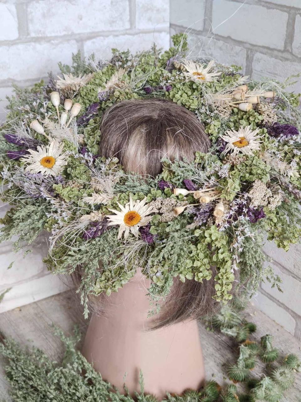 Вінок з натуральних сухоцвітів на голову, Літо в різнотрав є, вінок для фотосесій, . Д 38 см, фото 1
