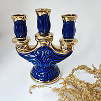 Керамічний трисвічник синій настільний