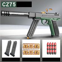 Игрушечный пластиковый пистолет CZ 75 стреляет мягкими пулями с отделяющейся гильзой