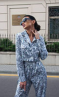 Женский шелковый костюм в пижамном стиле рубашка на пуговицах и свободные брюки принт доллар Ds5578