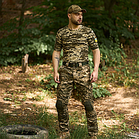Мужской тактический костюм летний военный, комплект футболка пиксель + штаны + наколенники, тактическая форма