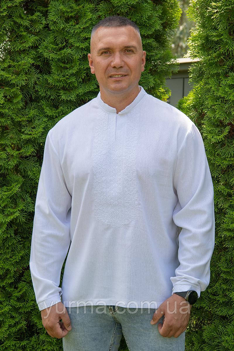 Вишиванка сорочка чоловіча лляна, біла з гербом, вишиванки чоловічі в Україні Юрма одяг