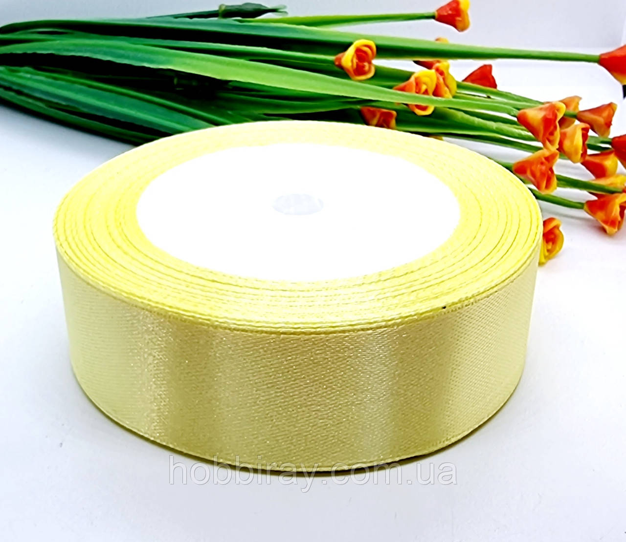 Атласна стрічка 2,5 см. 23 м. Колір жовтий світлій., фото 1