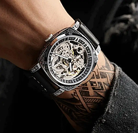 Часы классические мужские WishDoIt Baron с кожаным ремешком, мужские часы скелетон, часы механика мужские