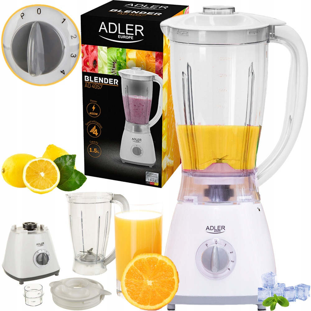 Блендер стаціонарний Adler AD 4057 — 450 Вт, 1,5 л, 4 швидкості + імпульсний режим