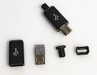 Штекер micro USB разборный 4pin для пайки на кабель, черный
