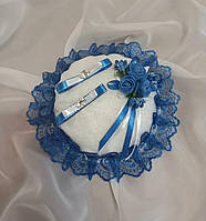 Синяя свадебная круглая подушка под кольца № 1