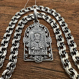 Срібний чорнений ланцюжок плоский бісмарк з ладанкою Микола Чудотворець 925 проба