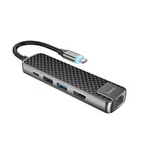 HUB адаптер HOCO Type-C 4KHDMI LAN 1USB 3.0 1USB2.0 PD 60W 3A grey