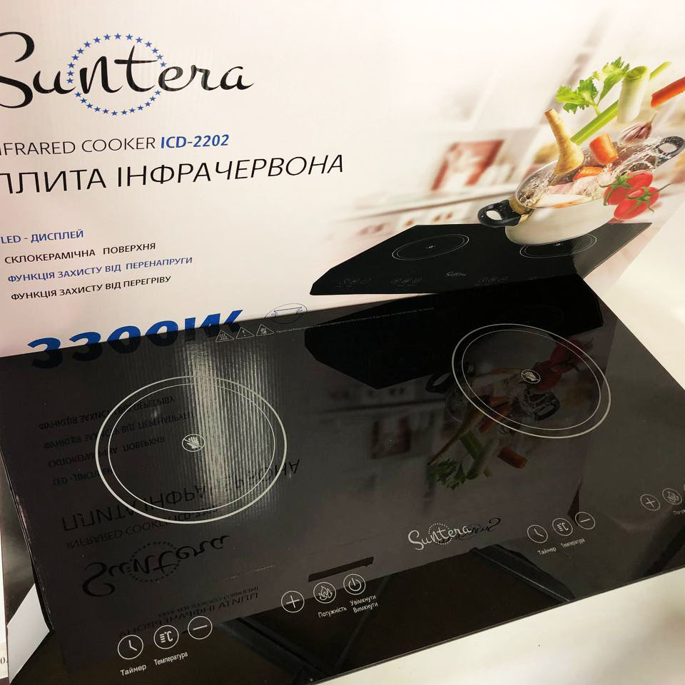 Електроплита велика індукційна на 2 конфорки Suntera ICD-2202 2200 Вт, Електроплита настільна від мережі, фото 1