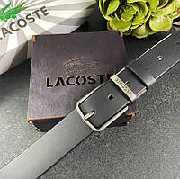 Мужской ремень кожаный брендовый Lacoste черный поясной ремень из натуральной кожи в деревянной коробочке