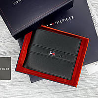 Кошелек кожаный мужской брендовый Tommy Hilfiger портмоне из натуральной кожи черный в подарочная упаковка