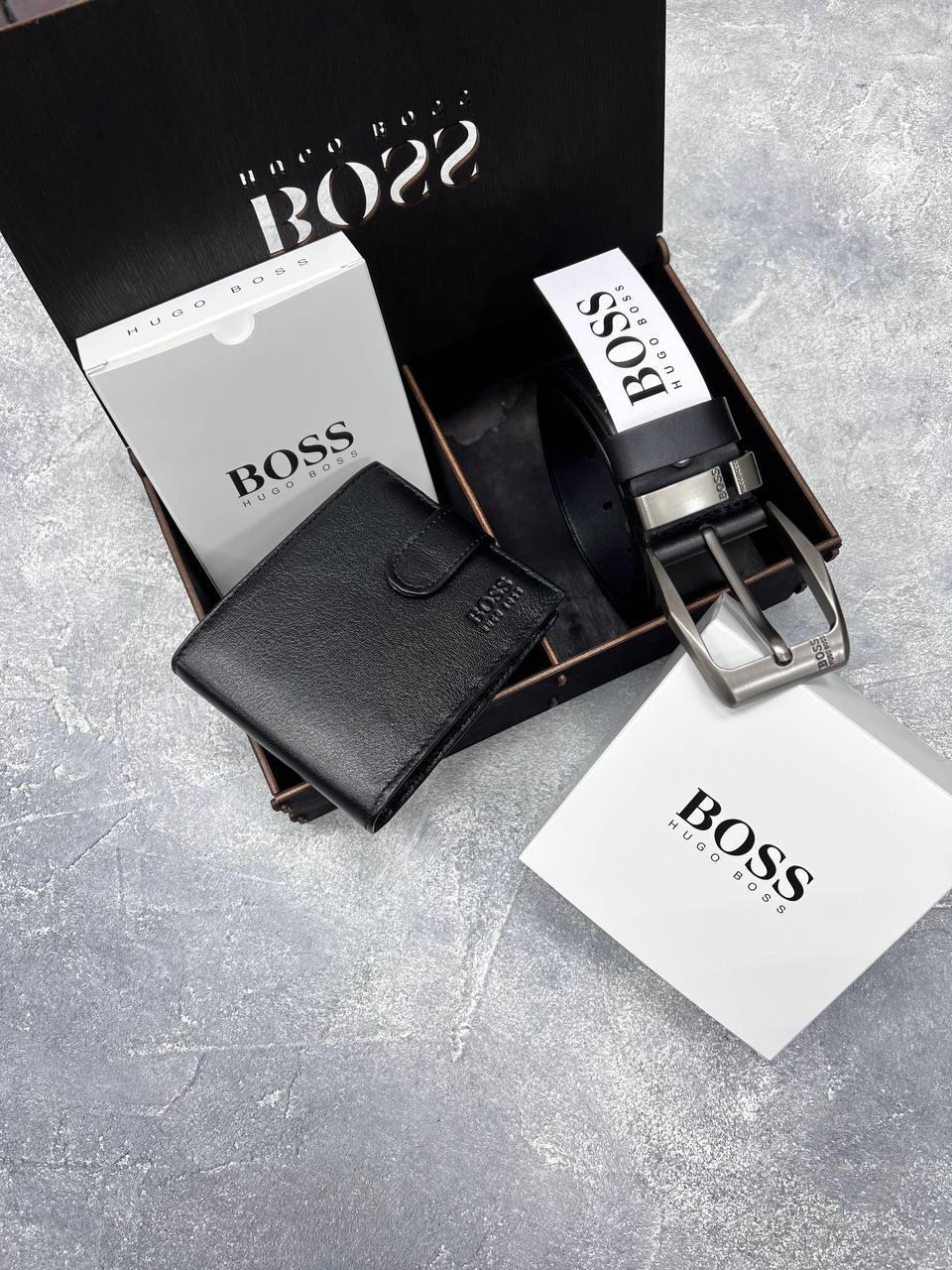 Чоловічий шкіряний ремінь і гаманець BOSS у брендовому подарунковому пакованні подарунок чоловікові чоловічий набір