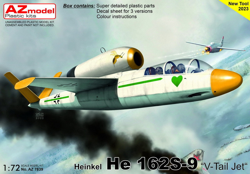 Пластикова модель 1/72 AZ model 7839 німецький реактивний винищувач Heinkel He 162S-9 з V-образним хвостм