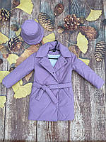 Демисезонное пальто подростковое для девочки с пояском 7-12 лет, цвет лавандовый