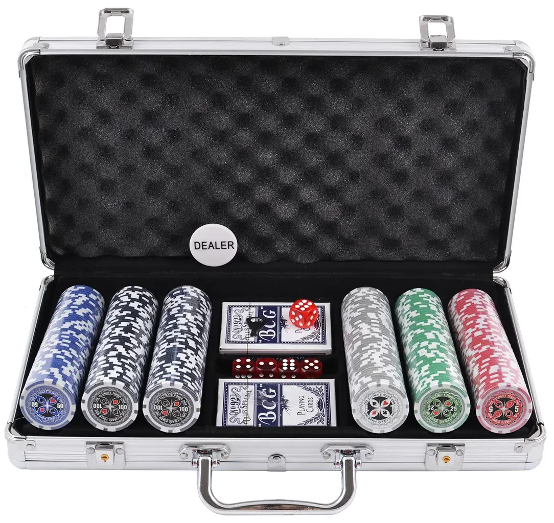 Набір для гри в покер в алюмінієвому кейсі на 300 фішок з номіналом (39х21х8см)